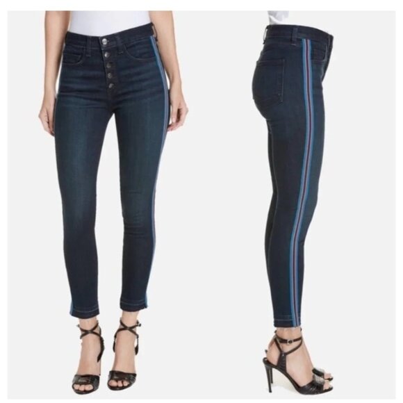Veronica Beard Debbie 10” Skinny Midnight Fray & Tux Striped Stretch Denim Jeans - Picture 1 of 12